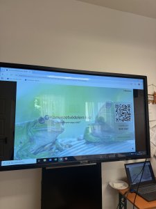 A képen Béres Lászlóné által összeállított környezetvédelmi kvíz nyitóképe látható az interaktív táblán. 