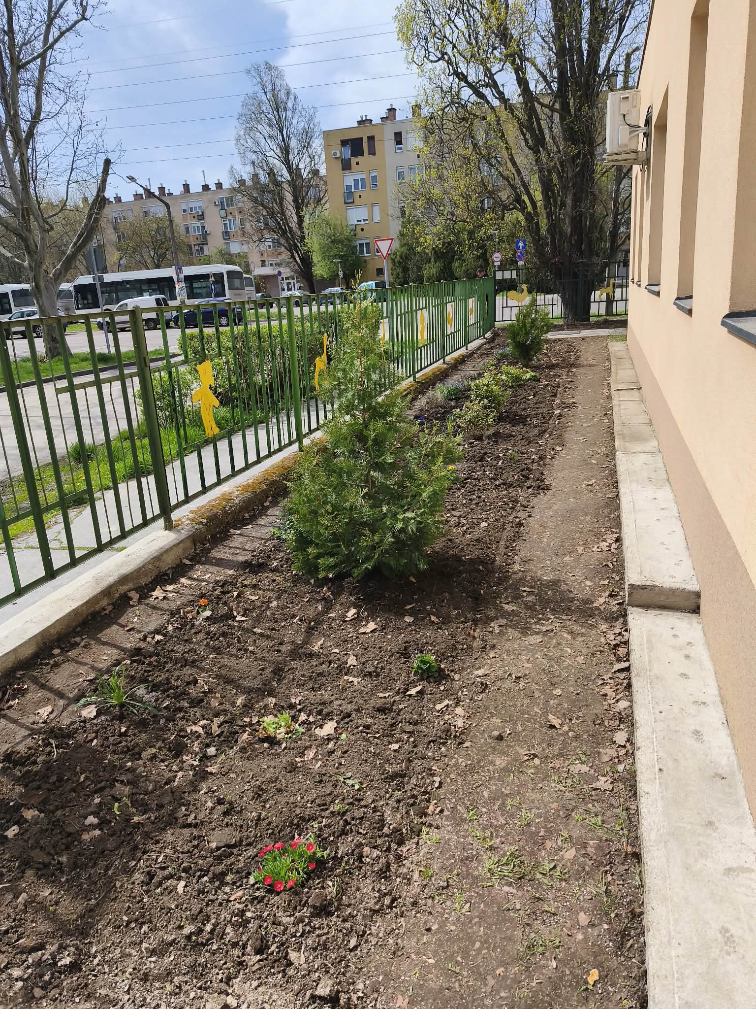 A képen a beültetett virágos kertben sorakoznak a virágzó és örökzöld dísznövények.