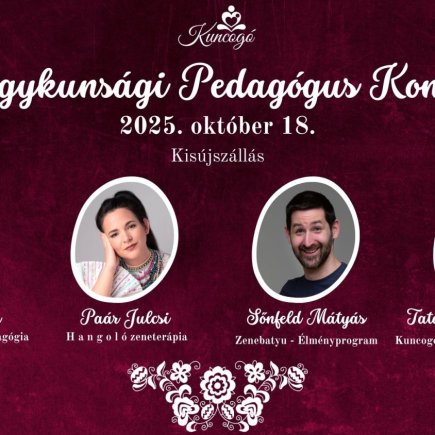 A képen a Nagykunsági Pedagógus Konferencia négy előadójának neve és fényképe látható egy bordó, rózsaszínes tablón.