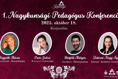 A képen a Nagykunsági Pedagógus Konferencia négy előadójának neve és fényképe látható egy bordó, rózsaszínes tablón.