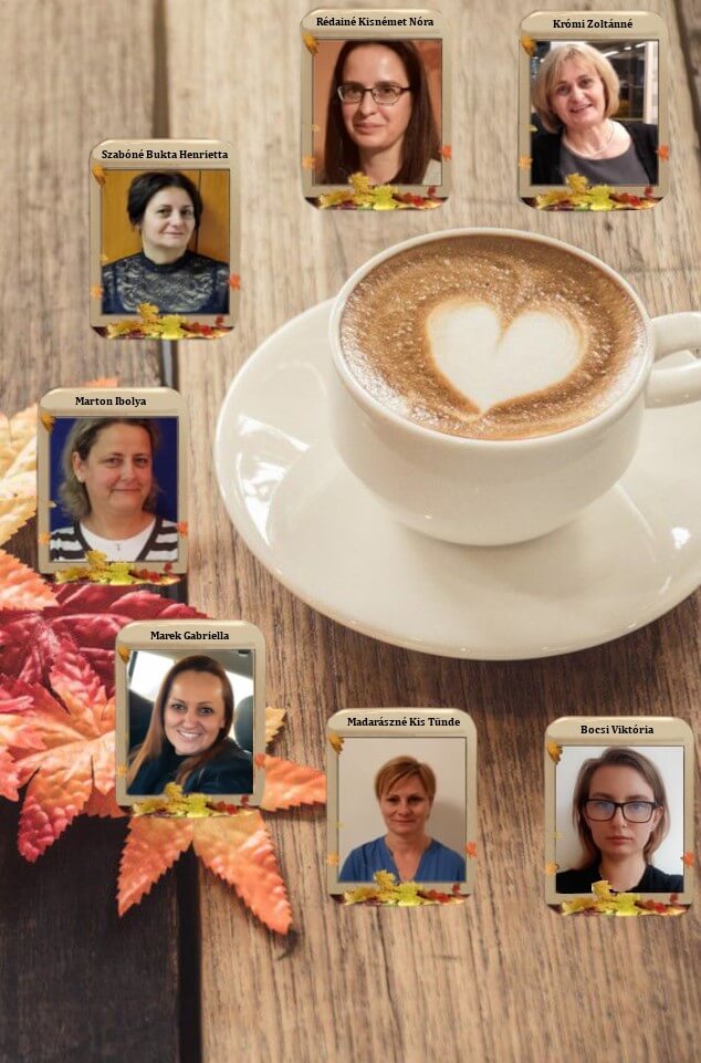 A képen a Tiszafüredi Tagintézményünk munkatársairól készült kollázs látható, melynek háttere egy asztalra helyezett kávéscsésze szív alakú habbal.