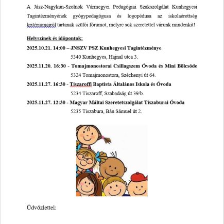 A képen a Kunhegyesi Tagintézményünk szülői fórumának meghívója látható.