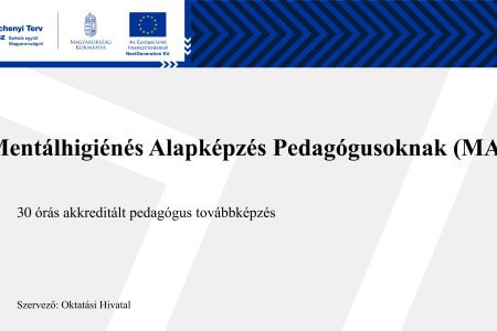 A kép a pedagógus továbbképzés adatait jeleníti meg szöveges formában (cím, szervező, óraszám). Mentálhigiénés Alapképzés Pedagógusoknak 30 órás akkreditált pedagógus továbbképzés - Szervező: Oktatási Hivatal